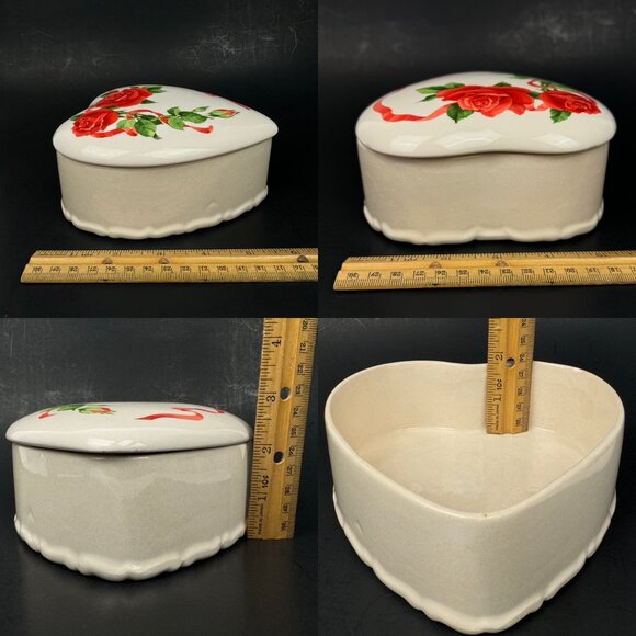 Vtg Teleflora Ceramic Heart Shaped Trinket Box w Lid Red Roses Flower Red Ribbon - Picture 3 of 13